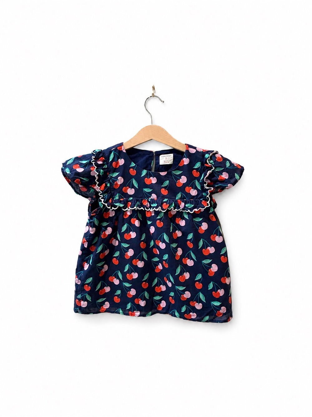 Crewcuts Navy Cherry Print Ruffle BlouseSize S 6-7